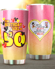 Load image into Gallery viewer, 50th Birthday Steel Tumbler, 50th Birthday Wooden Pattern 30 Oz Steel Mug, PERSONALIZED ANY NAME Mickey Birthday Steel Mug, Birthday custom mug