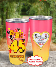 Load image into Gallery viewer, 45th Birthday Steel Tumbler, 45th Birthday Wooden Pattern 30 Oz Steel Mug, PERSONALIZED ANY NAME Mickey Birthday Steel Mug, Birthday custom mug