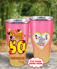 Load image into Gallery viewer, 50th Birthday Steel Tumbler, 50th Birthday Wooden Pattern 30 Oz Steel Mug, PERSONALIZED ANY NAME Mickey Birthday Steel Mug, Birthday custom mug