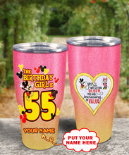 Load image into Gallery viewer, 55th Birthday Steel Tumbler, 55th Birthday Wooden Pattern 30 Oz Steel Mug, PERSONALIZED ANY NAME Mickey Birthday Steel Mug, Birthday custom mug