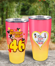 Load image into Gallery viewer, 46th Birthday Steel Tumbler, 46th Birthday Wooden Pattern 30 Oz Steel Mug, PERSONALIZED ANY NAME Mickey Birthday Steel Mug, Birthday custom mug