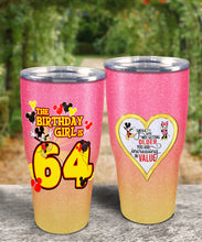 Load image into Gallery viewer, 64th Birthday Steel Tumbler, 64th Birthday Wooden Pattern 30 Oz Steel Mug, PERSONALIZED ANY NAME Mickey Birthday Steel Mug, Birthday custom mug