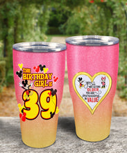Load image into Gallery viewer, 39th Birthday Steel Tumbler, 39th Birthday Wooden Pattern 30 Oz Steel Mug, PERSONALIZED ANY NAME Mickey Birthday Steel Mug, Birthday custom mug
