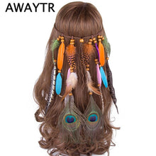 Load image into Gallery viewer, AWAYTR Really Feather Headband Native American Halloween Bohemian Headbands Indian Peacock Feather Hair Accessories for Women