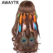 Load image into Gallery viewer, AWAYTR Really Feather Headband Native American Halloween Bohemian Headbands Indian Peacock Feather Hair Accessories for Women